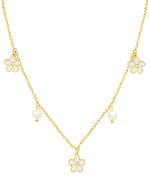 Flower and Freshwater Pearl Charms Necklace (White)