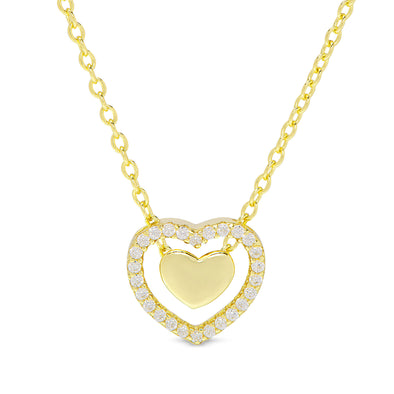 CZ Halo and Gold Heart Necklace in 18k Gold over Sterling Silver