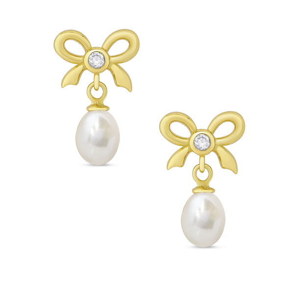 CZ Bow and Freshwater Pearl Earrings