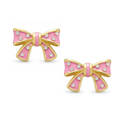 Bow Stud Earrings with Crystals (Pink)