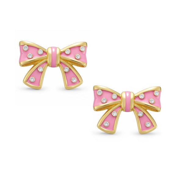 Bow Stud Earrings with Crystals (Pink)