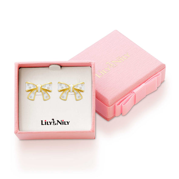 Bow Stud Earrings with Crystals (White)