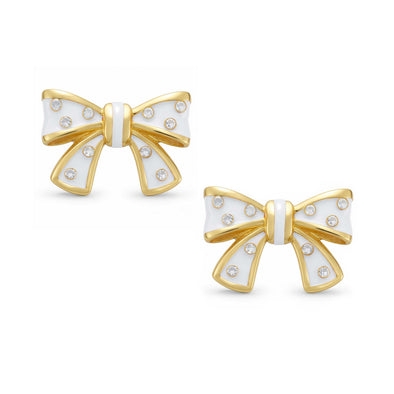 Bow Stud Earrings with Crystals (White)