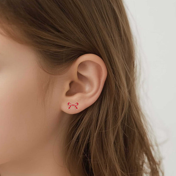 Flat Bow Stud Earrings (Red)