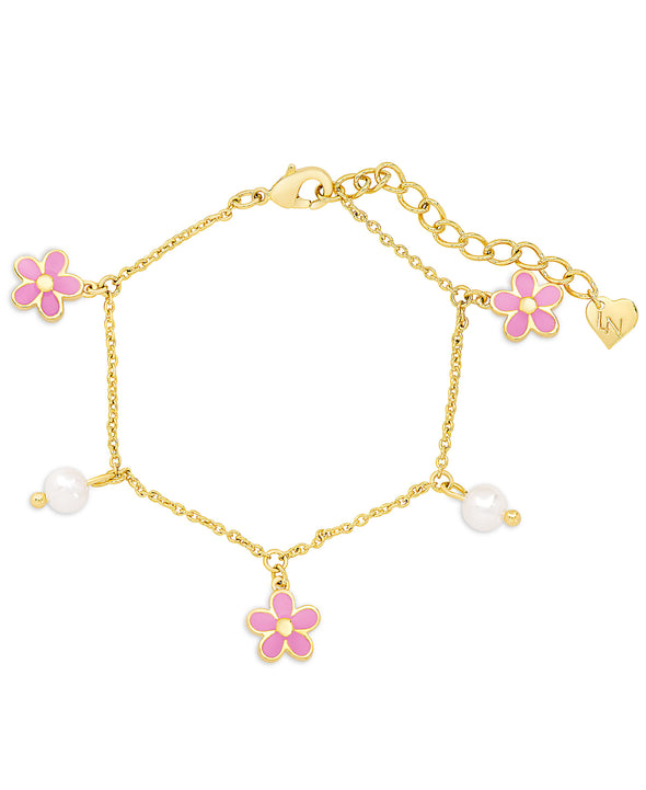 Flower and Freshwater Pearl Charm Bracelet (Pink)