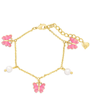 Butterfly and Freshwater Pearl Charm Bracelet (Pink)