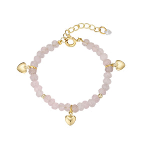 Rose Quartz Bead Bracelet with Heart Charms (Baby)