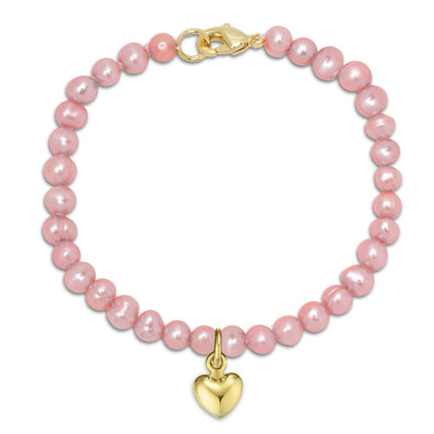 5.5" Pink Freshwater Pearl Strand Bracelet with Heart Charm (Baby)