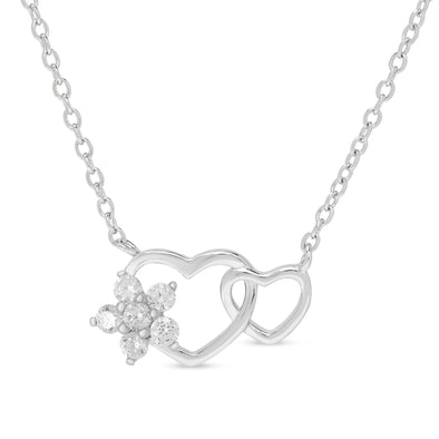 CZ Flower and Double Heart Necklace in Sterling Silver