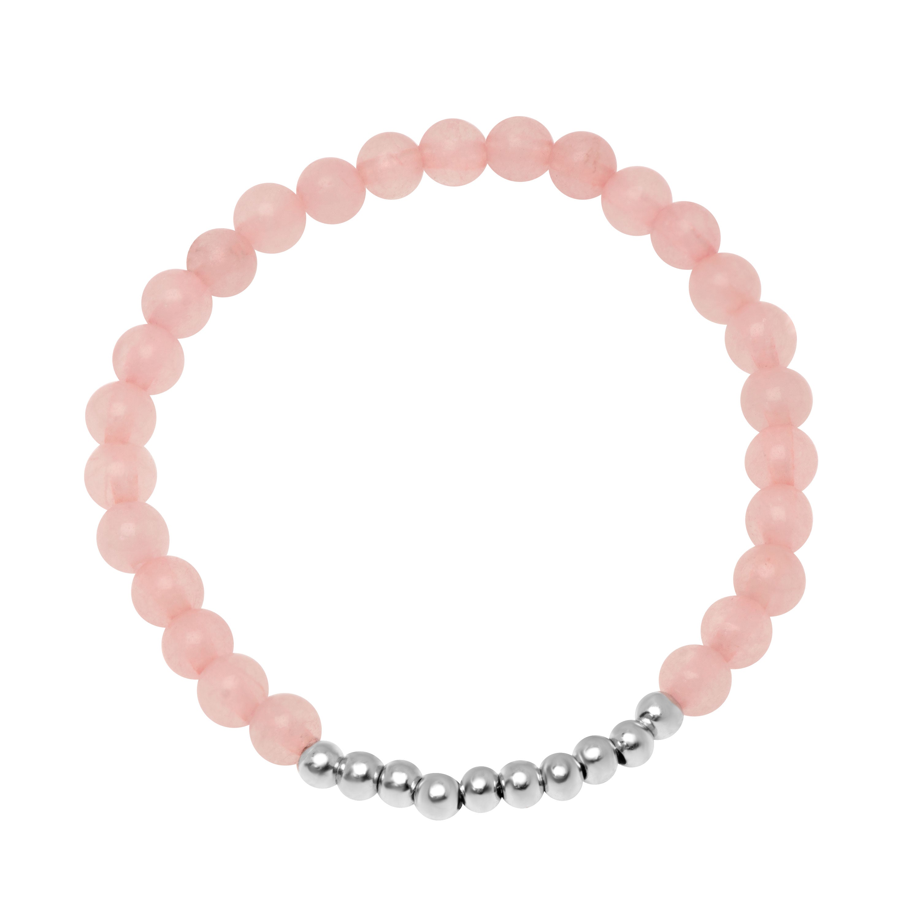 Rose Quartz Polished Silver Bead Stretch Bracelet in Sterling
