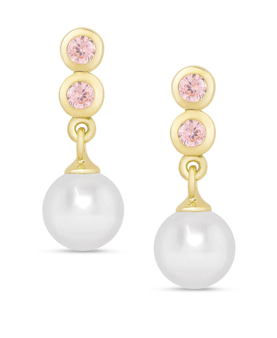 Freshwater Pearl & Pink CZ Drop Earrings in Sterling Silver