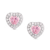 Pink & White CZ Heart Halo Stud Earrings in Sterling Silver