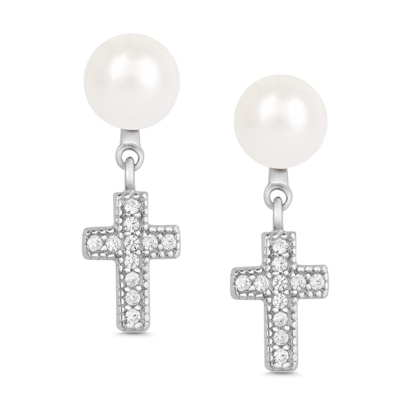 Freshwater Pearl and CZ Cross Dangle Earrings in Sterling Silver