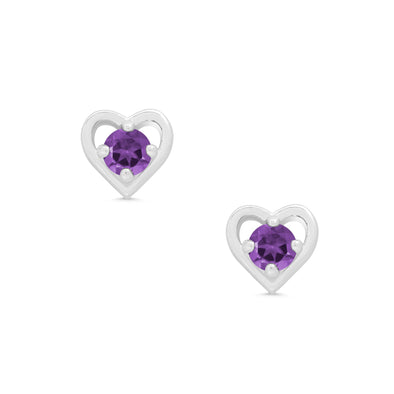 Purple CZ Heart Stud Earrings in Sterling Silver