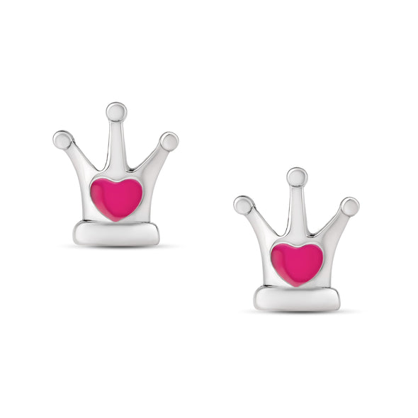 Pink Heart Crown Stud Earrings in Sterling Silver
