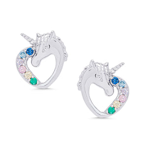 CZ Heart Unicorn Stud Earrings in Sterling Silver