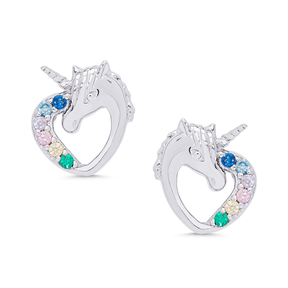 CZ Heart Unicorn Stud Earrings in Sterling Silver