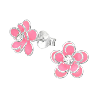 3D Flower w/Crystal Stud Earrings in Sterling Silver