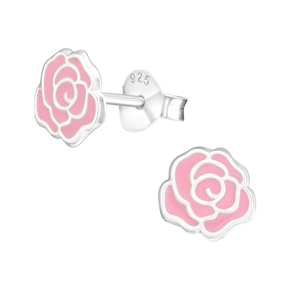 Pink Rose Stud Earrings in Sterling Silver