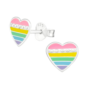 Rainbow Heart Stud Earrings in Sterling Silver