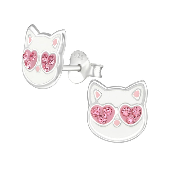 Cat w/ Pink Crystals Stud Earrings in Sterling Silver
