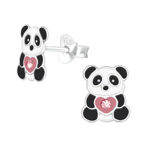 Pink Heart Panda Bear Crystal Stud Earrings in Sterling Silver