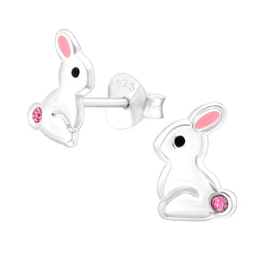 Bunny Rabbit Stud Earrings with Pink Crystal in Sterling Silver