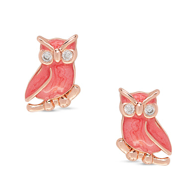Owl Stud Earrings with CZ - Rose