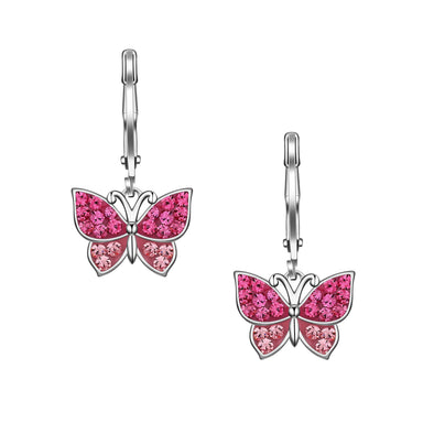 Crystal Butterfly Leverback Dangle Earrings - Pink