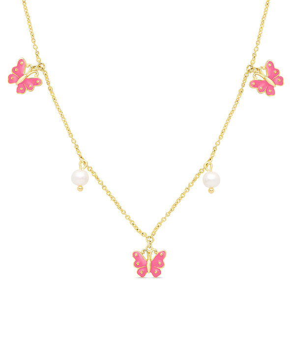 Butterfly and Freshwater Pearl Charms Necklace (Pink)