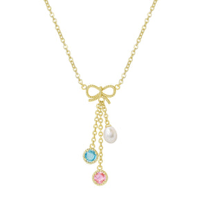 CZ and Pearl - Bow Charms Necklace