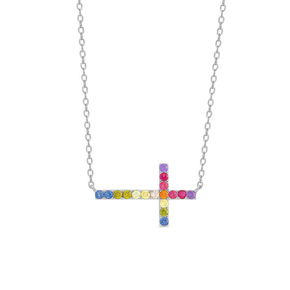 Rainbow CZ Sideways Cross Necklace