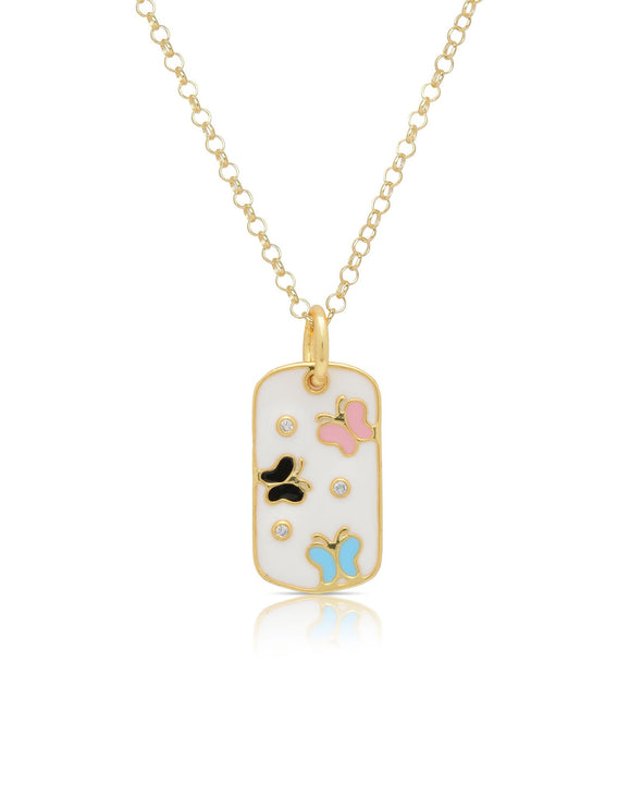 Dog Tag Pendant with CZ and Butterflies