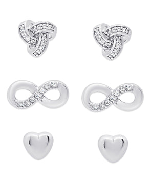 'Love Love Love' CZ Stud Set in Sterling Silver (Love Knot, Infinity, Heart)