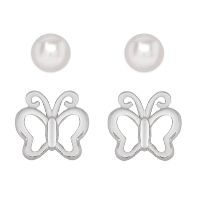 Butterfly and Freshwater Pearl Stud Set in Sterling Silver