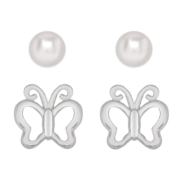 Butterfly and Freshwater Pearl Stud Set in Sterling Silver