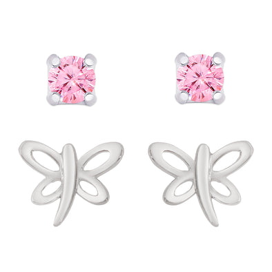 Dragonfly and Pink CZ Stud Set in Sterling Silver