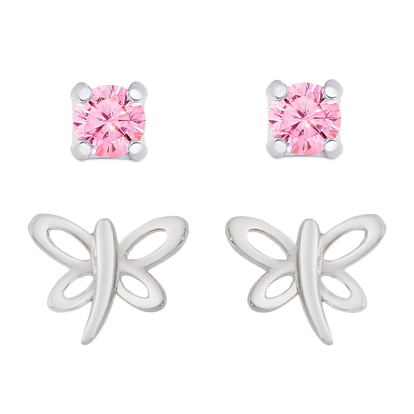 Dragonfly and Pink CZ Stud Set in Sterling Silver