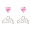 Princess Tiara and Pink Heart CZ Stud Set in Sterling Silver