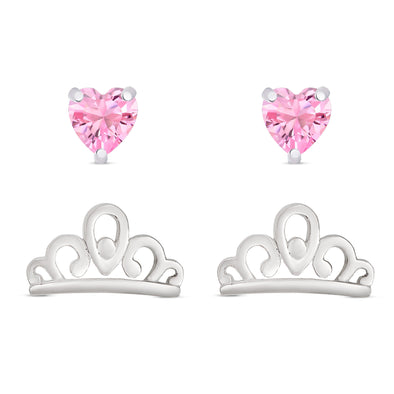 Princess Tiara and Pink Heart CZ Stud Set in Sterling Silver