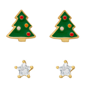 Christmas Tree & Lab Created White Sapphire Holiday Stud Set in Sterling Silver
