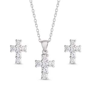 CZ Cross Pendant and Stud Earrings Set in Sterling Silver