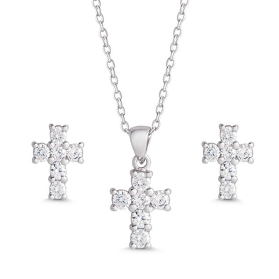 CZ Cross Pendant and Stud Earrings Set in Sterling Silver