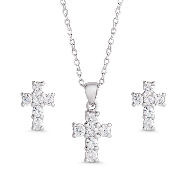 CZ Cross Pendant and Stud Earrings Set in Sterling Silver