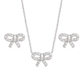 CZ Bow Pendant and Stud Earrings Set in Sterling Silver