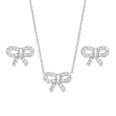 CZ Bow Pendant and Stud Earrings Set in Sterling Silver