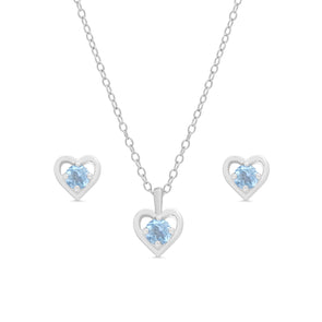 Blue CZ Heart Stud and Necklace Set in Sterling Silver