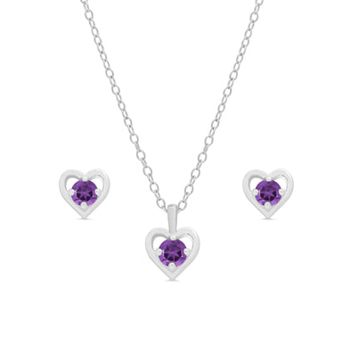 Purple CZ Heart Stud and Necklace Set in Sterling Silver
