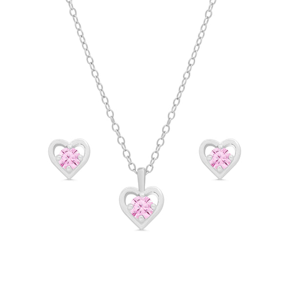 Pink CZ Heart Stud and Necklace Set in Sterling Silver