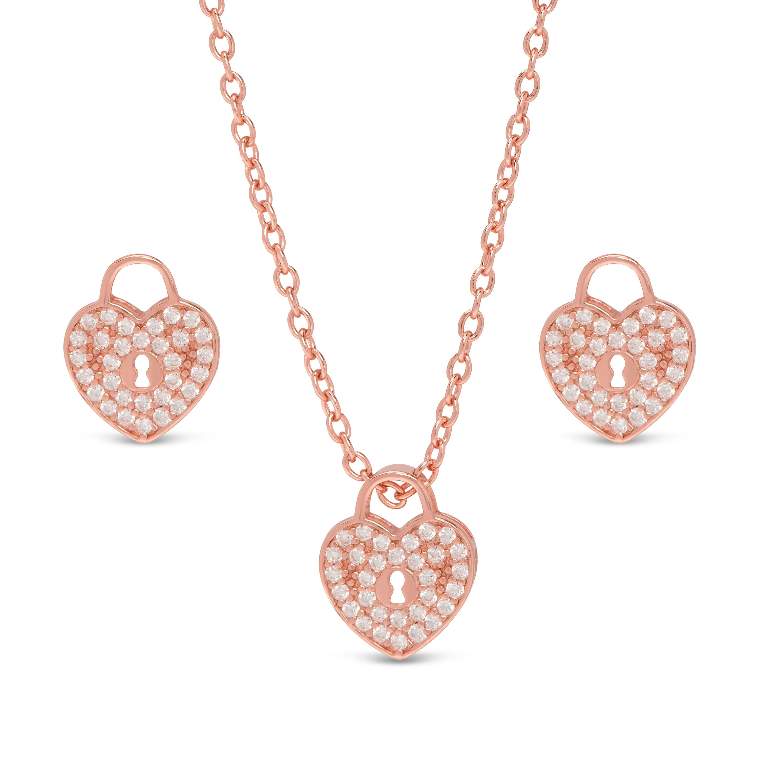 Pave CZ Heart Lock Necklace and Earrings Set in Rose Gold over